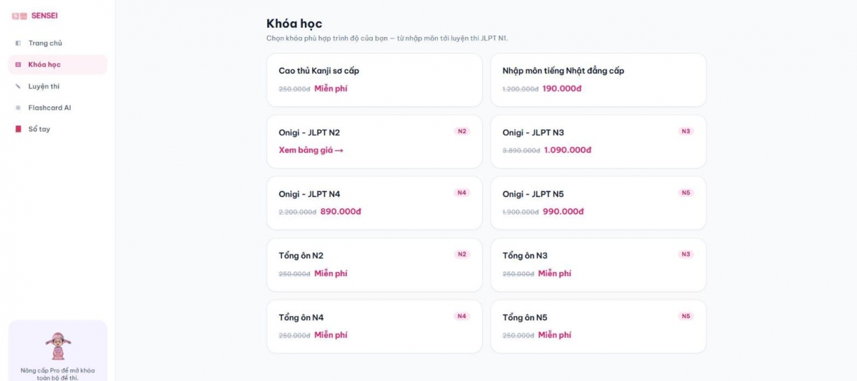 Danh sách khóa học trên app.sensei.edu.vn